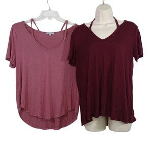 Lot of 2 Charlotte Russe V-Neck Jersey Knit Tops Women Size L Red Mauve Strappy